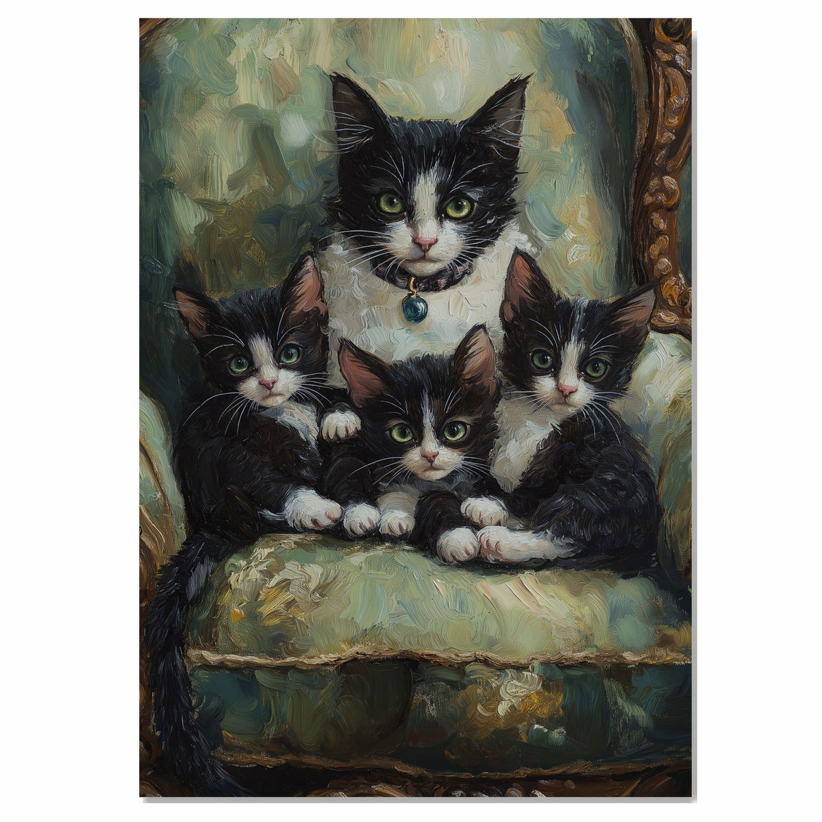 Elegant Victorian Lounge: Tuxedo Cat Mom with Three Kittens on a European Couch on Ready to Hang 1.5" Thick Canvas Wrap, Floating Framed Canvas, Flat Rolled Canvas