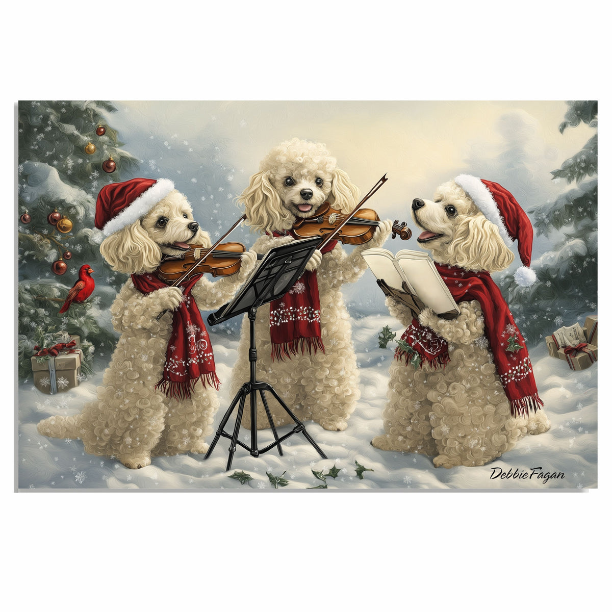 Dog Christmas Canvas  - "Symphony in Snow" - Poodles Playing Violin in a Winter Forest on Ready to Hang 1.5" Thick Canvas Wrap, Floating Framed Canvas, Flat Rolled Canvas