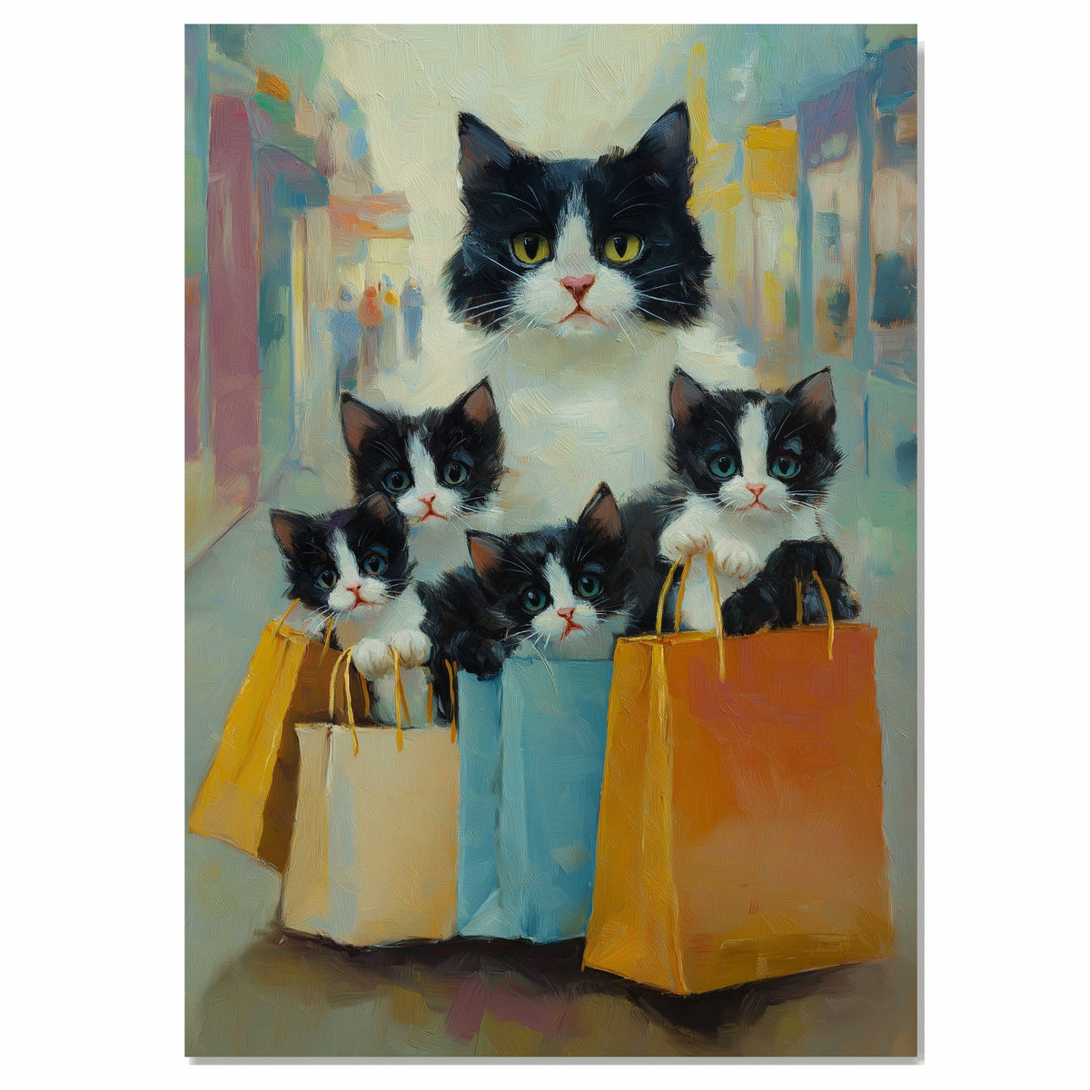 Chic Shopping Spree: Tuxedo Cat Mom Carrying Four Kittens in Paper Bags on Ready to Hang 1.5" Thick Canvas Wrap, Floating Framed Canvas, Flat Rolled Canvas