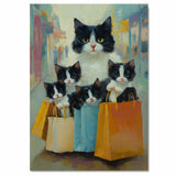 Chic Shopping Spree: Tuxedo Cat Mom Carrying Four Kittens in Paper Bags on Ready to Hang 1.5" Thick Canvas Wrap, Floating Framed Canvas, Flat Rolled Canvas