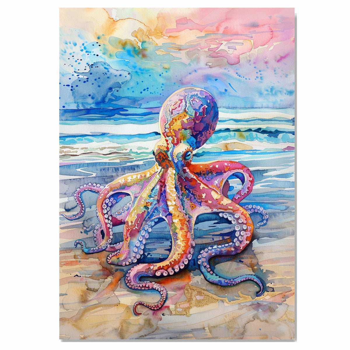 Watercolor Painting of a Multicolored Octopus on Seashore with Waves and Sky in Vivid Coastal Marine Scene on Ready to Hang 1.5" Thick Canvas Wrap, Floating Framed Canvas, Flat Rolled Canvas