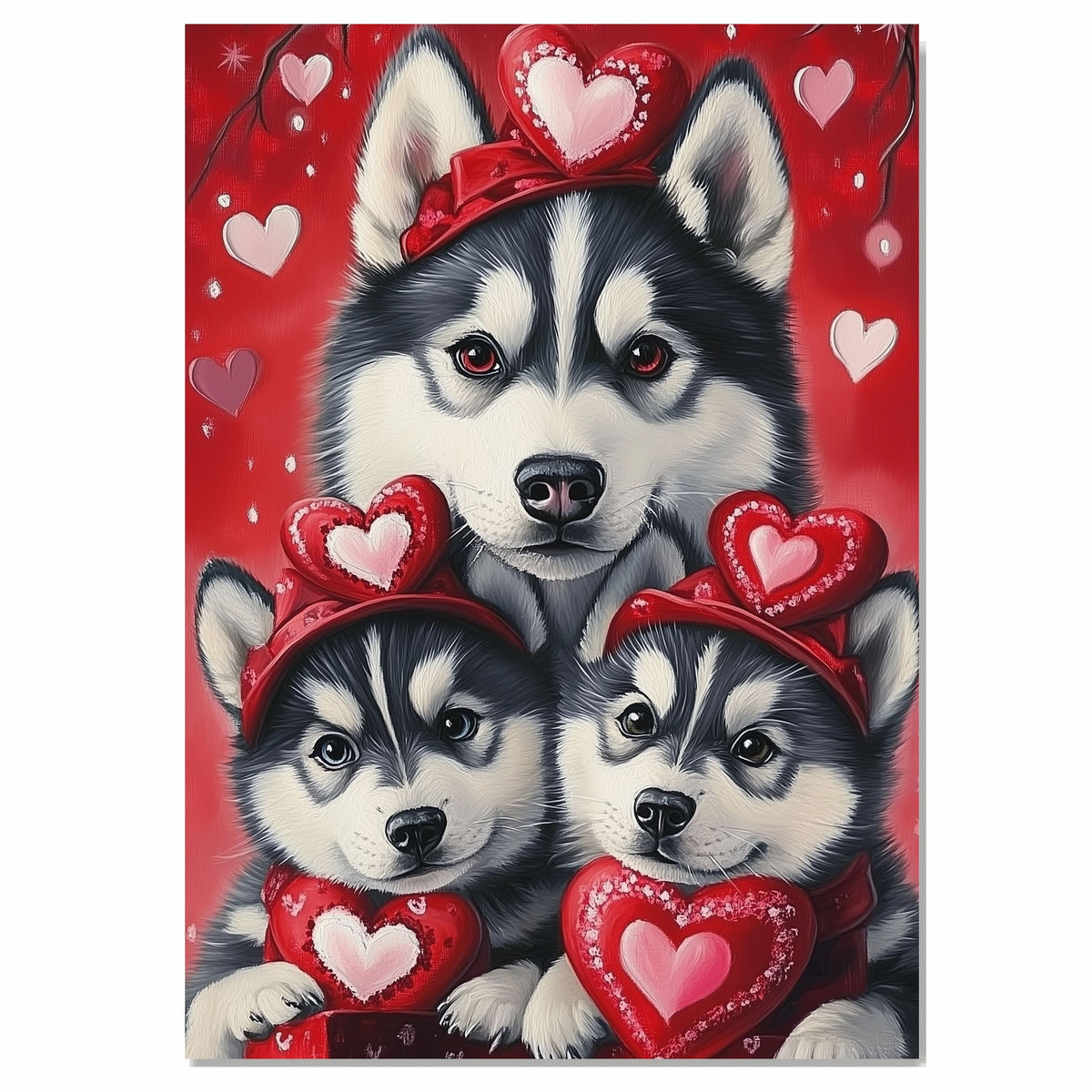 Valentine's Day Joy: A Siberian Husky Mom and Her Adorable Puppies Surrounded by Hearts and Blooms on Ready to Hang 1.5" Thick Canvas Wrap, Floating Framed Canvas, Flat Rolled Canvas