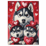 Valentine's Day Joy: A Siberian Husky Mom and Her Adorable Puppies Surrounded by Hearts and Blooms on Ready to Hang 1.5" Thick Canvas Wrap, Floating Framed Canvas, Flat Rolled Canvas