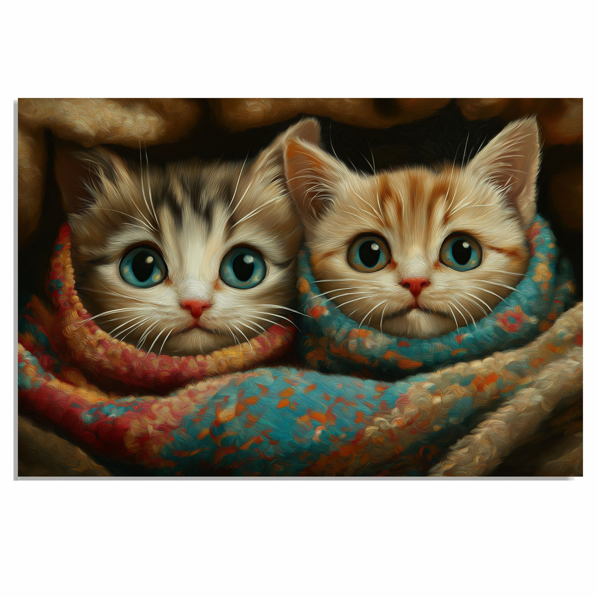 Painting of Two Adorable Kittens Wrapped in Colorful Patterned Blankets with Big Blue Eyes and Soft Fur Snuggled Together in a Warm Cozy and Whimsical Setting on Ready to Hang 1.5" Thick Canvas Wrap, Floating Framed Canvas, Flat Rolled Canvas