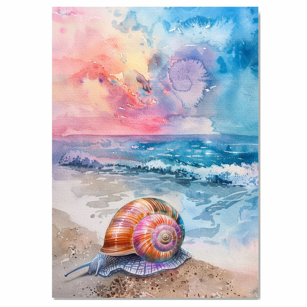 Watercolor Painting of a Multicolored Snail Shell by the Ocean Vibrant Coastal Sea Life Wall Art for Beach and Nature Lovers on Ready to Hang 1.5" Thick Canvas Wrap, Floating Framed Canvas, Flat Rolled Canvas