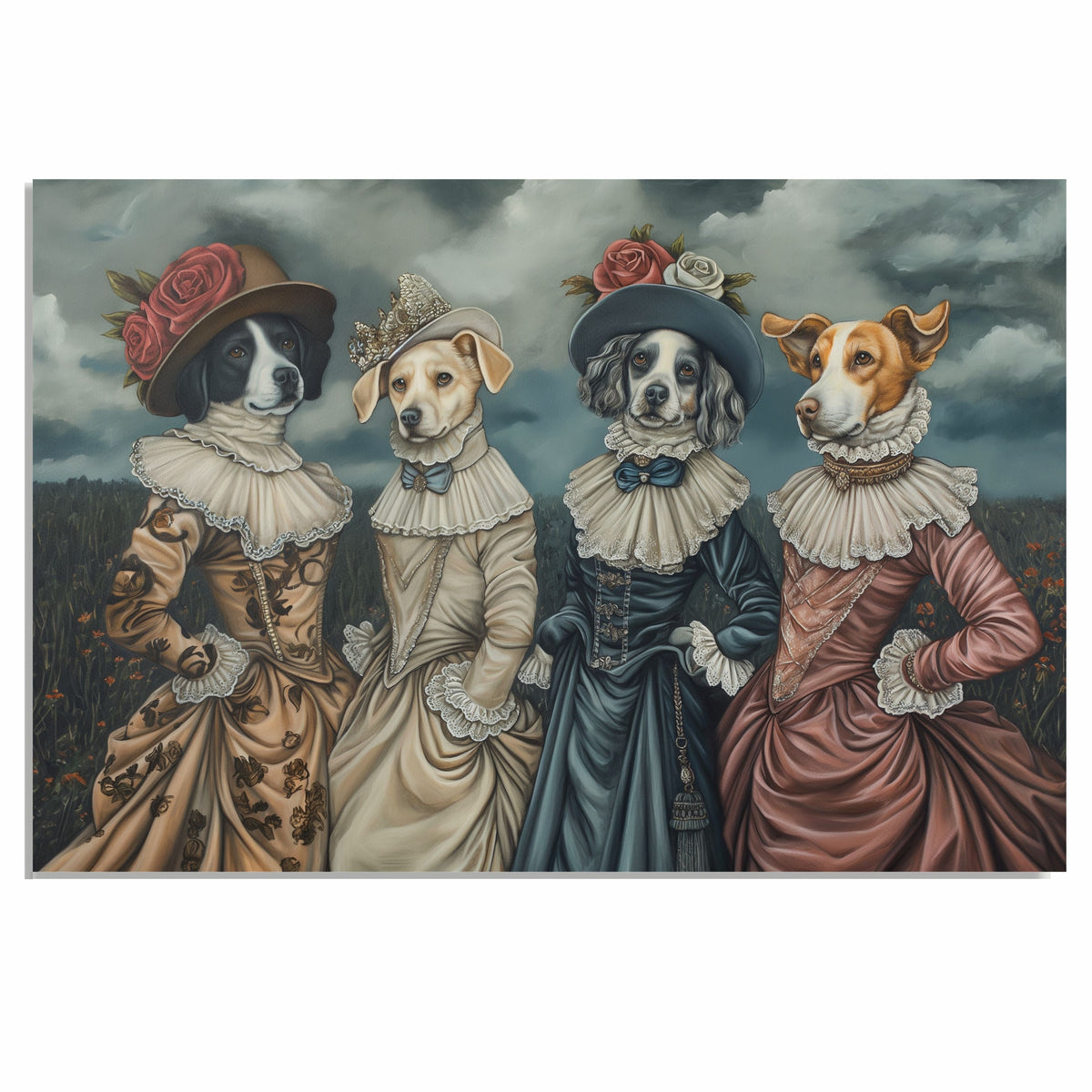 Victorian Style Dog Portrait Art of Four Elegant Lady Dogs in Gowns Unique Pet Lover Gift for Home Decor Office Accent or Whimsical Wall Art Display on Ready to Hang 1.5" Thick Canvas Wrap, Floating Framed Canvas, Flat Rolled Canvas