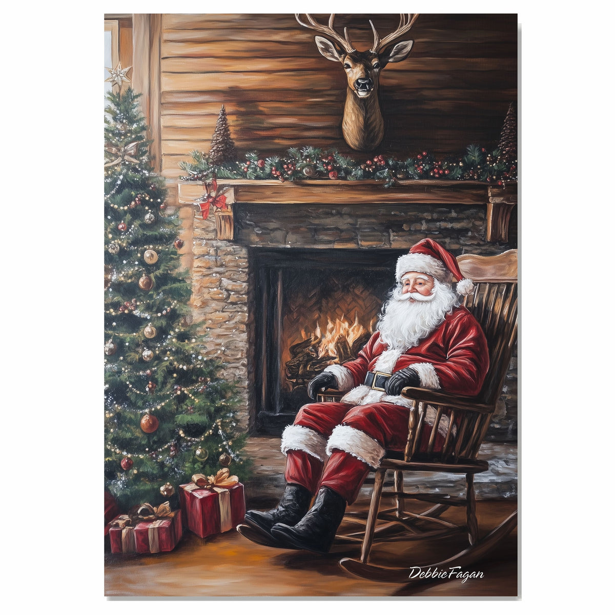 Santa Claus by the Fireplace – Rustic Christmas Cabin Wall Art Print on Ready to Hang 1.5" Thick Canvas Wrap, Floating Framed Canvas, Flat Rolled Canvas