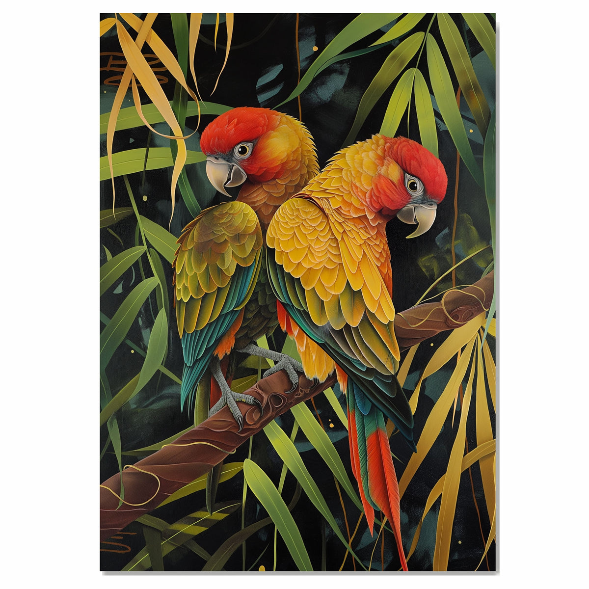 Jungle Parrot Pair Artwork Featuring Red and Yellow Feathers with Green Wings Perched on a Branch in a Lush Tropical Setting with Stylized Foliage on Ready to Hang 1.5" Thick Canvas Wrap, Floating Framed Canvas, Flat Rolled Canvas