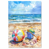 Watercolor Beach Scene with Colorful Ball Blue Bucket Shells and Shovel on Sandy Shore with Ocean Waves and Bright Sky on Ready to Hang 1.5" Thick Canvas Wrap, Floating Framed Canvas, Flat Rolled Canvas