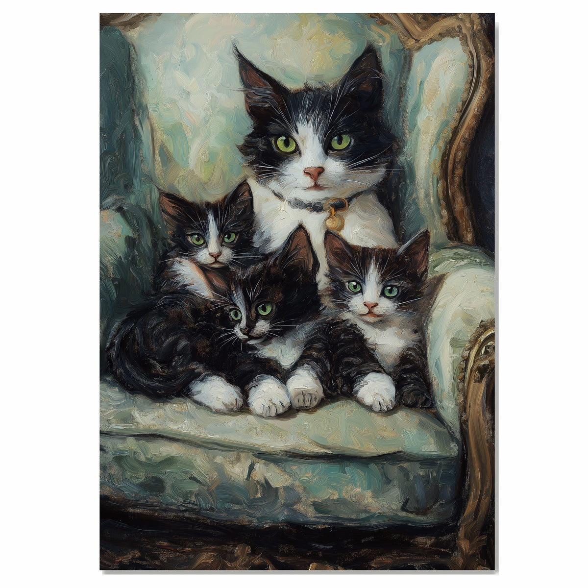 Regal Comfort: Tuxedo Cat Mom with Three Kittens on an Elegant European Sofa on Ready to Hang 1.5" Thick Canvas Wrap, Floating Framed Canvas, Flat Rolled Canvas