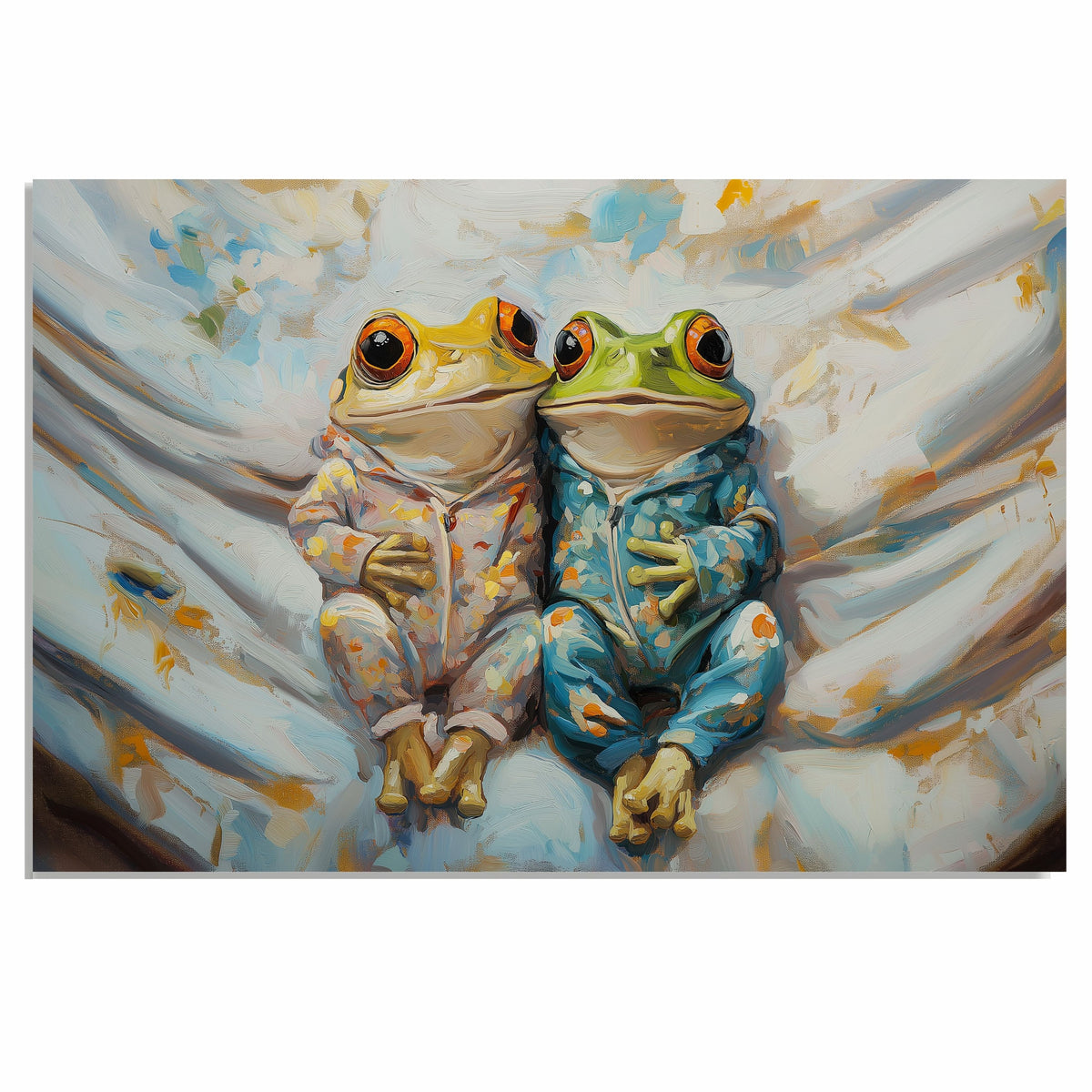 Delightful Painting of Two Frogs in Playful Pajamas Sitting Close Together on a Cozy Bed with Gentle Expressions and a Soft Abstract Background on Ready to Hang 1.5" Thick Canvas Wrap, Floating Framed Canvas, Flat Rolled Canvas