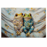 Delightful Painting of Two Frogs in Playful Pajamas Sitting Close Together on a Cozy Bed with Gentle Expressions and a Soft Abstract Background on Ready to Hang 1.5" Thick Canvas Wrap, Floating Framed Canvas, Flat Rolled Canvas