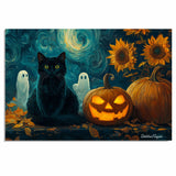 Halloween Night Art with Black Cat, Glowing Jack-o’-Lantern, Sunflowers, Pumpkins, and a Starry Van Gogh Sky on Ready to Hang 1.5" Thick Canvas Wrap, Floating Framed Canvas, Flat Rolled Canvas