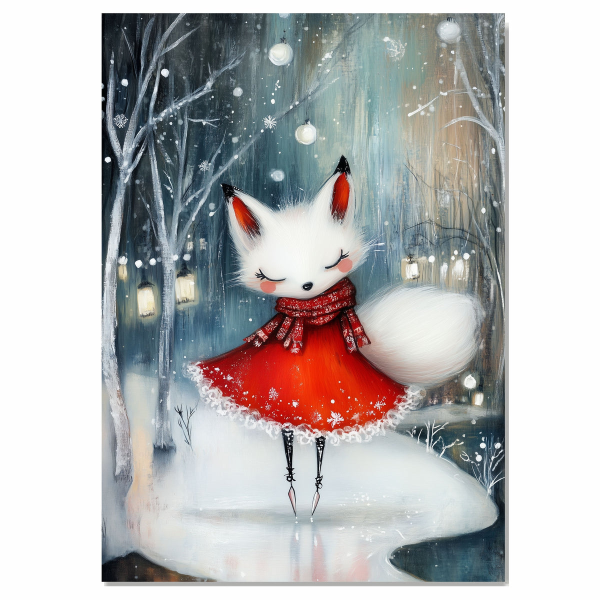 Whimsical Christmas White Fox Ice Skating in Red Dress Winter Forest Canvas on Ready to Hang 1.5" Thick Canvas Wrap, Floating Framed Canvas, Flat Rolled Canvas