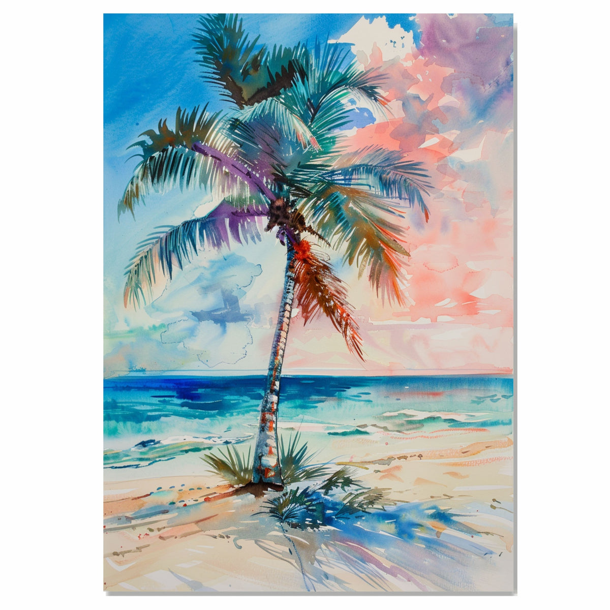 Vibrant Palm Tree by the Sea Watercolor Painting with Colorful Sunset Sky on Ready to Hang 1.5" Thick Canvas Wrap, Floating Framed Canvas, Flat Rolled Canvas