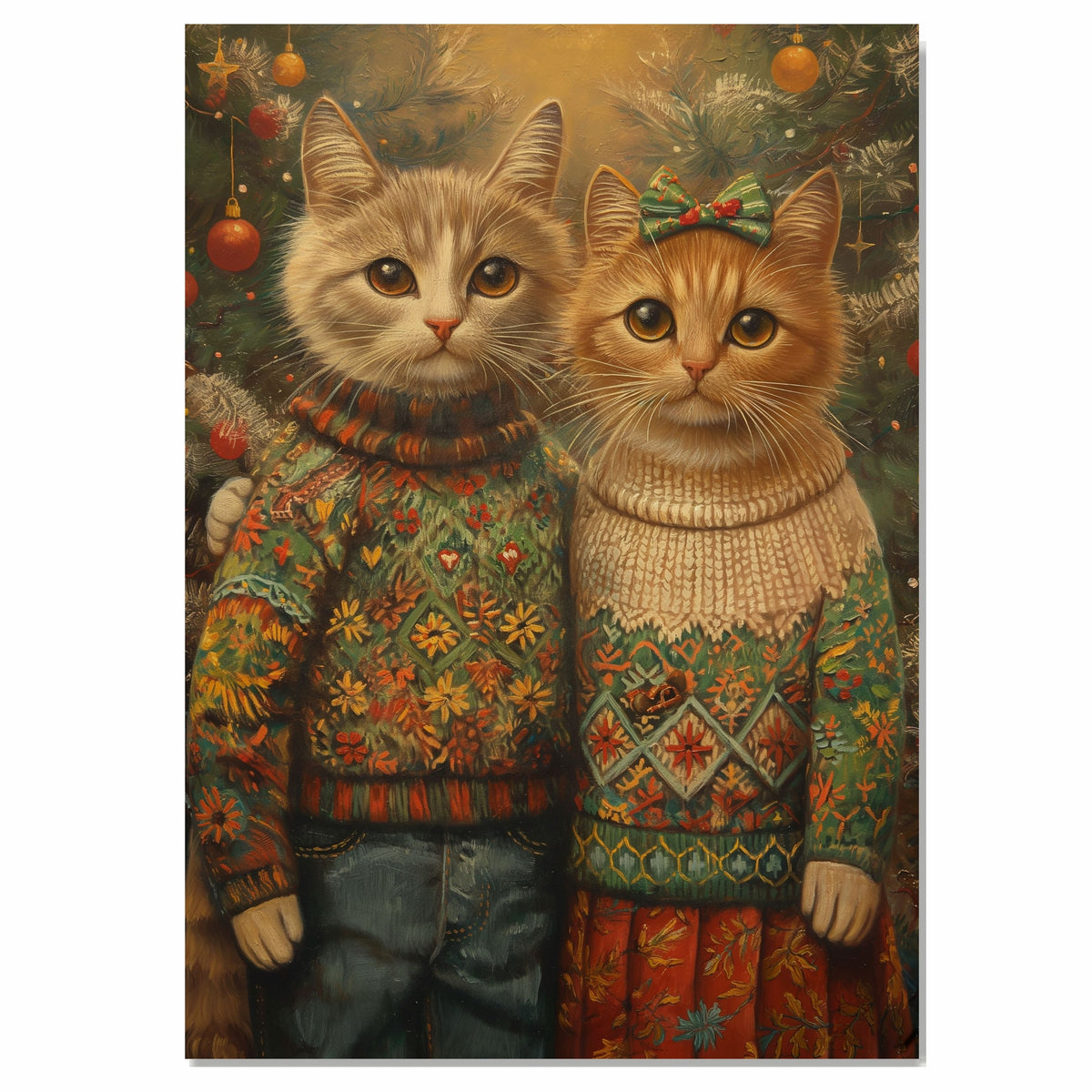 Christmas Kittens in Holiday Sweaters Adorable Cat Painting Festive Winter Scene Perfect for Cozy Home Office Seasonal Decoration or Christmas Gift on Ready to Hang 1.5" Thick Canvas Wrap, Floating Framed Canvas, Flat Rolled Canvas