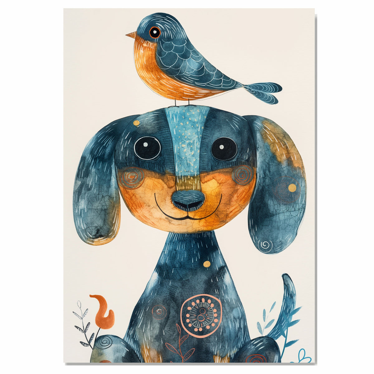 Whimsical Dachshund Dog with Blue Bird on Head Colorful Folk Style Animal Illustration for Kids Room or Nursery Perfect for Dog and Bird Art Lovers