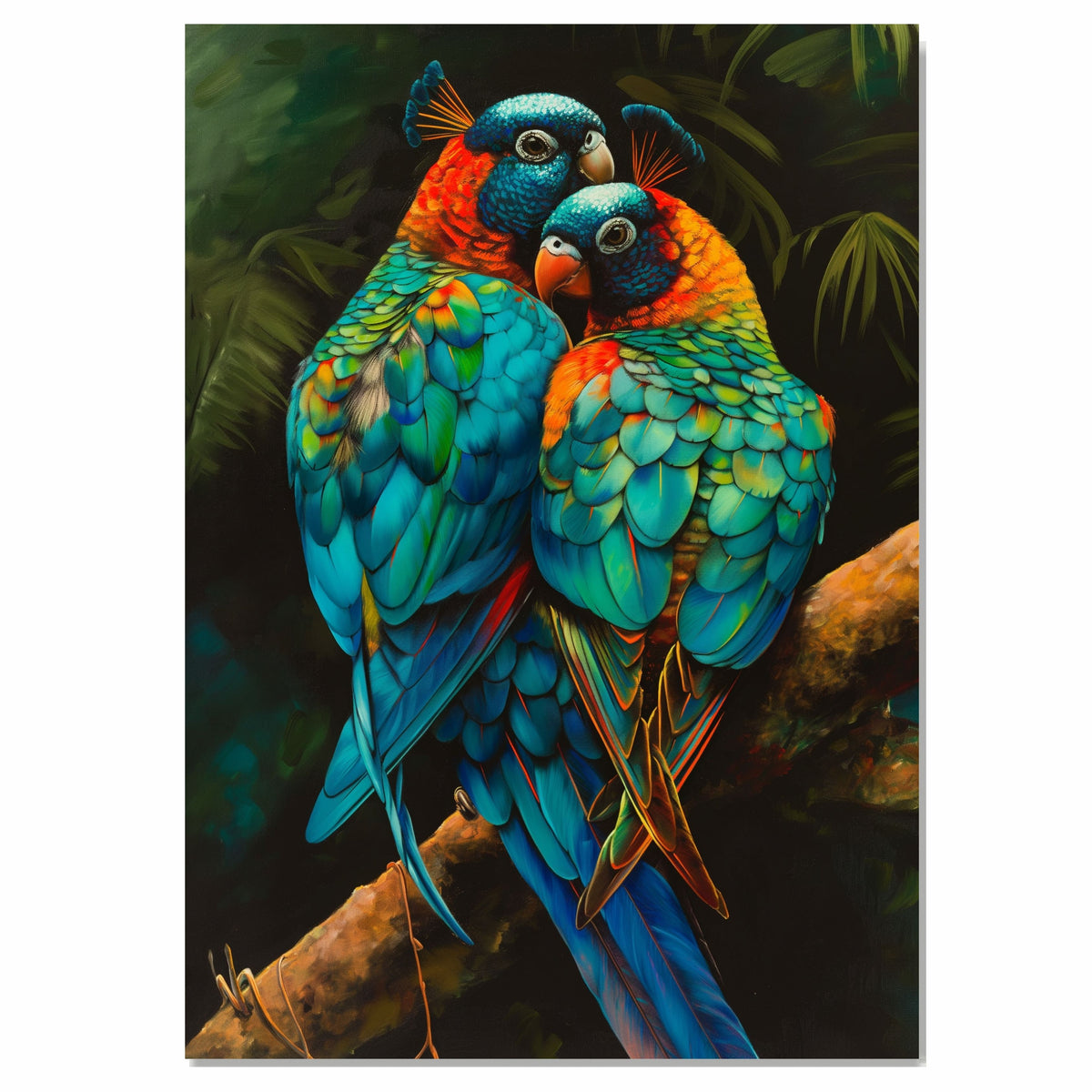 Striking Parrot Pair Artwork Featuring Vibrant Blue and Orange Feathers with Tropical Details Perched on a Branch Against a Lush Dark Jungle Background on Ready to Hang 1.5" Thick Canvas Wrap, Floating Framed Canvas, Flat Rolled Canvas