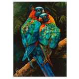 Striking Parrot Pair Artwork Featuring Vibrant Blue and Orange Feathers with Tropical Details Perched on a Branch Against a Lush Dark Jungle Background on Ready to Hang 1.5" Thick Canvas Wrap, Floating Framed Canvas, Flat Rolled Canvas