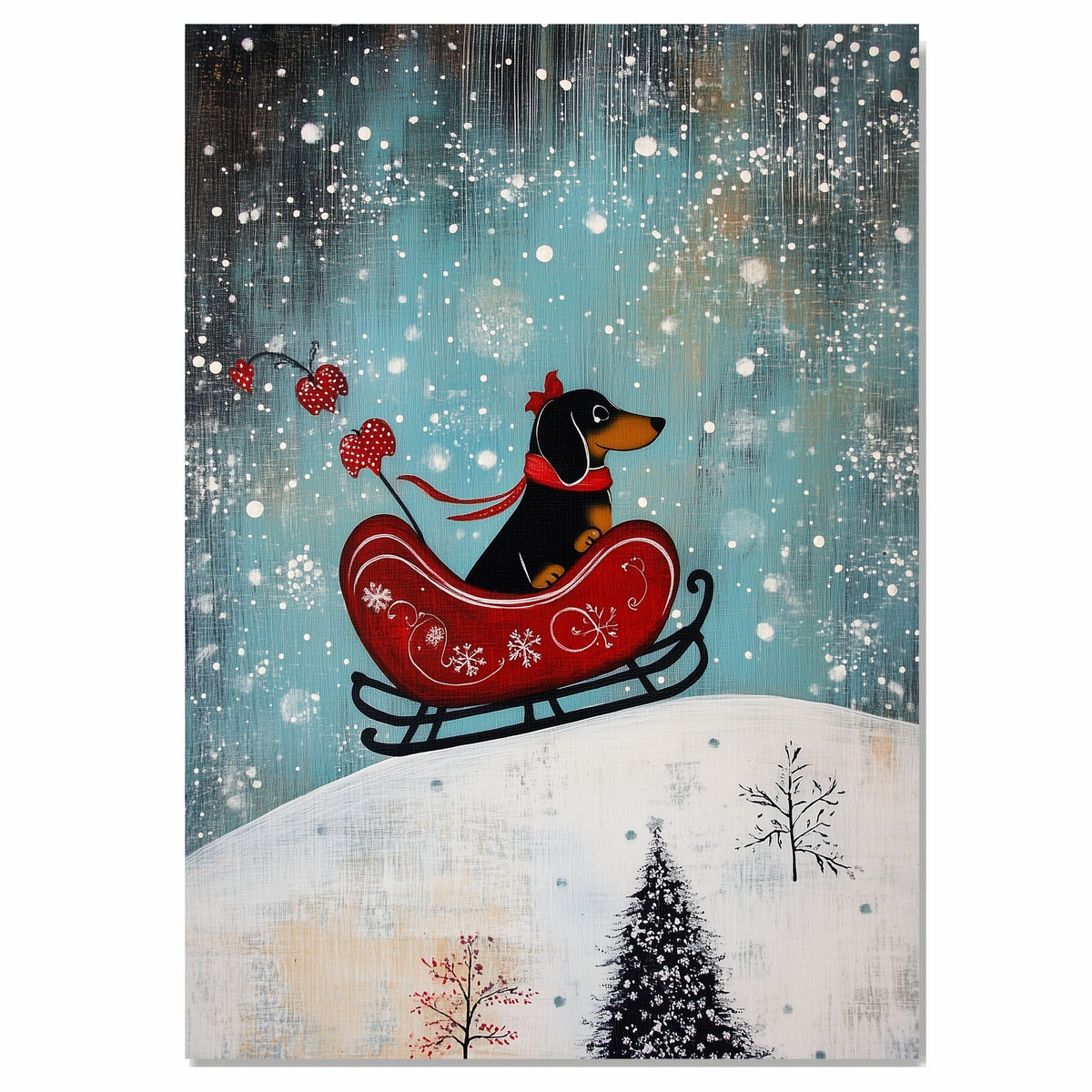 Whimsical Christmas Dachshund Dog Riding Red Sleigh Through Snowy Landscape Playful Holiday Art Print for Dog Lovers and Wintertime Home Decoration on Ready to Hang 1.5" Thick Canvas Wrap, Floating Framed Canvas, Flat Rolled Canvas