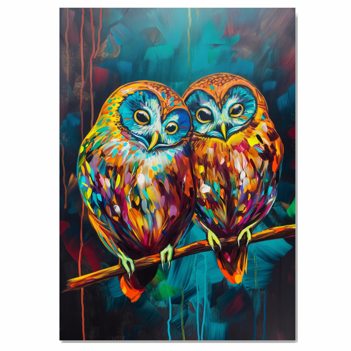 Vibrant Owl Pair Artwork Featuring Multicolor Plumage and Large Blue Eyes Perched on a Branch with Rich Abstract Background in Teal Red and Yellow Accents on Ready to Hang 1.5" Thick Canvas Wrap, Floating Framed Canvas, Flat Rolled Canvas
