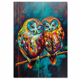 Vibrant Owl Pair Artwork Featuring Multicolor Plumage and Large Blue Eyes Perched on a Branch with Rich Abstract Background in Teal Red and Yellow Accents on Ready to Hang 1.5" Thick Canvas Wrap, Floating Framed Canvas, Flat Rolled Canvas