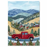 Red Vintage Truck on Snowy Road Through Hillside Cabins – Winter Folk Art Mountain Landscape on Ready to Hang 1.5" Thick Canvas Wrap, Floating Framed Canvas, Flat Rolled Canvas
