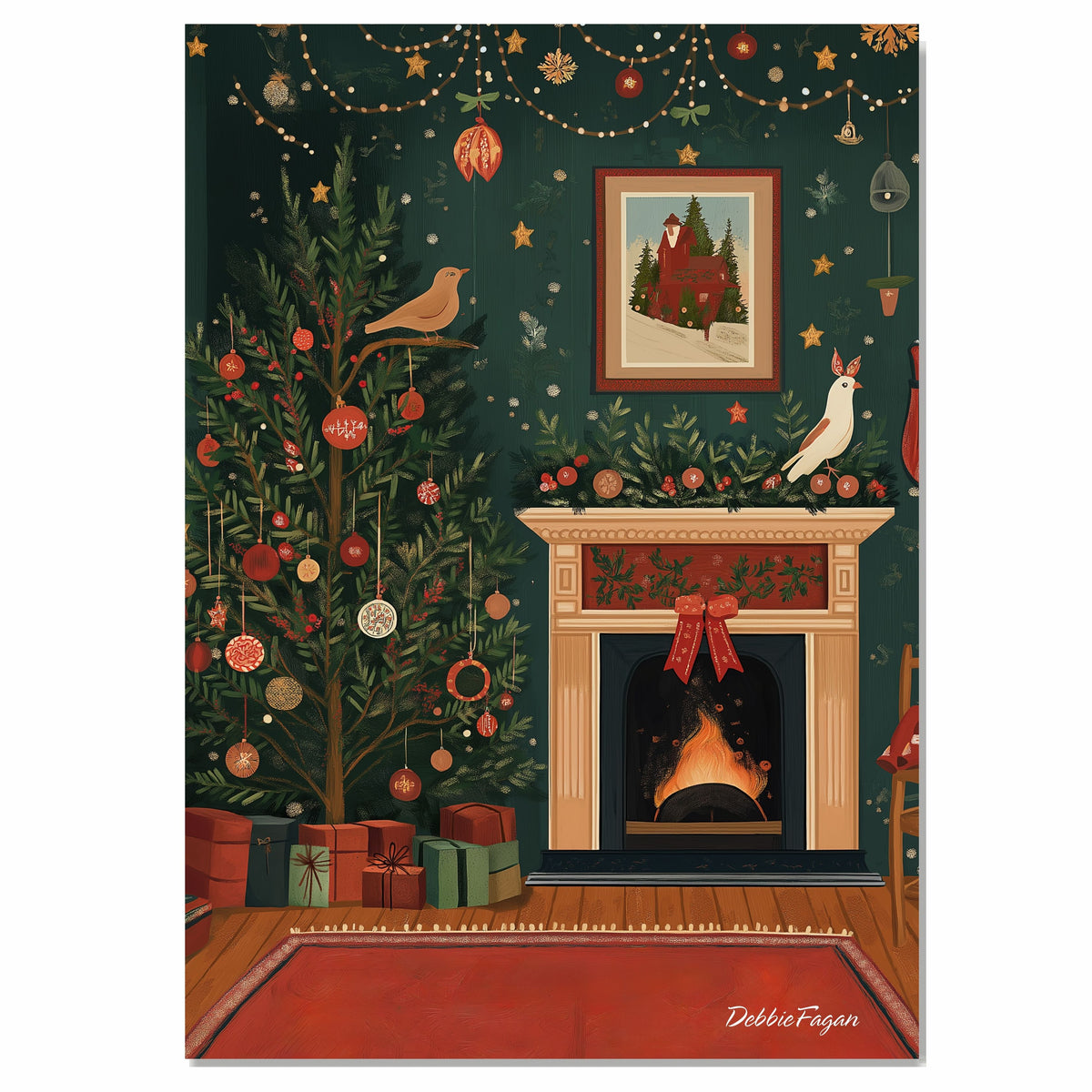 Cozy Christmas Folk Art Scene with Decorated Tree, Fireplace, Garland, Gifts, and Festive Birds in a Warm Holiday on Ready to Hang 1.5" Thick Canvas Wrap, Floating Framed Canvas, Flat Rolled Canvas