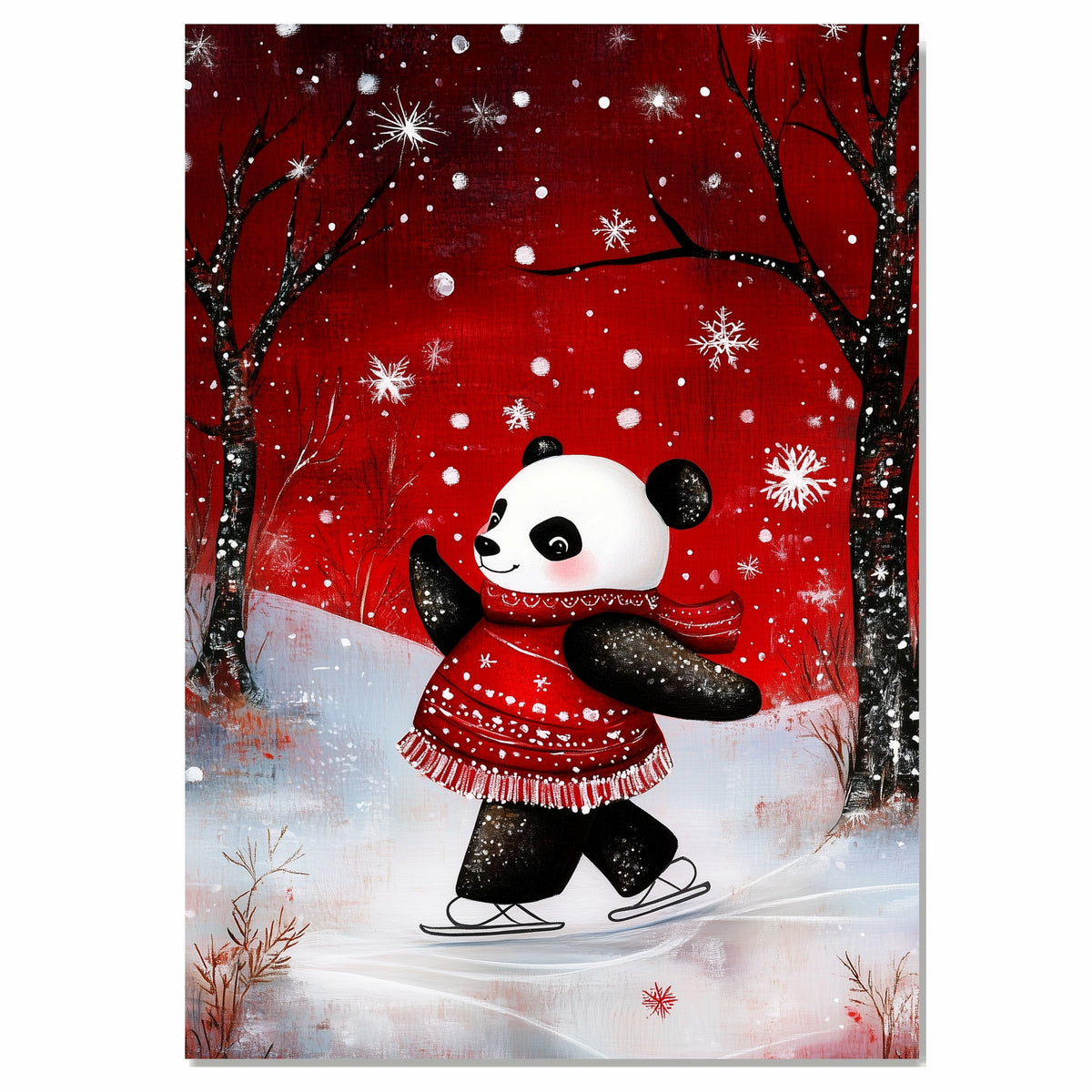 Whimsical Christmas Panda Bear Ice Skating in Red Sweater Dress and Scarf – Festive Holiday Animal Art for Cozy Nursery Decor, Gifting, or Winter Displays on Ready to Hang 1.5" Thick Canvas Wrap, Floating Framed Canvas, Flat Rolled Canvas