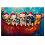 Dog Christmas Canvas  - ÒChihuahua CheerÓ - Adorable Puppies in Santa Hats on a Festive Sleigh on Ready to Hang 1.5" Thick Canvas Wrap, Floating Framed Canvas, Flat Rolled Canvas