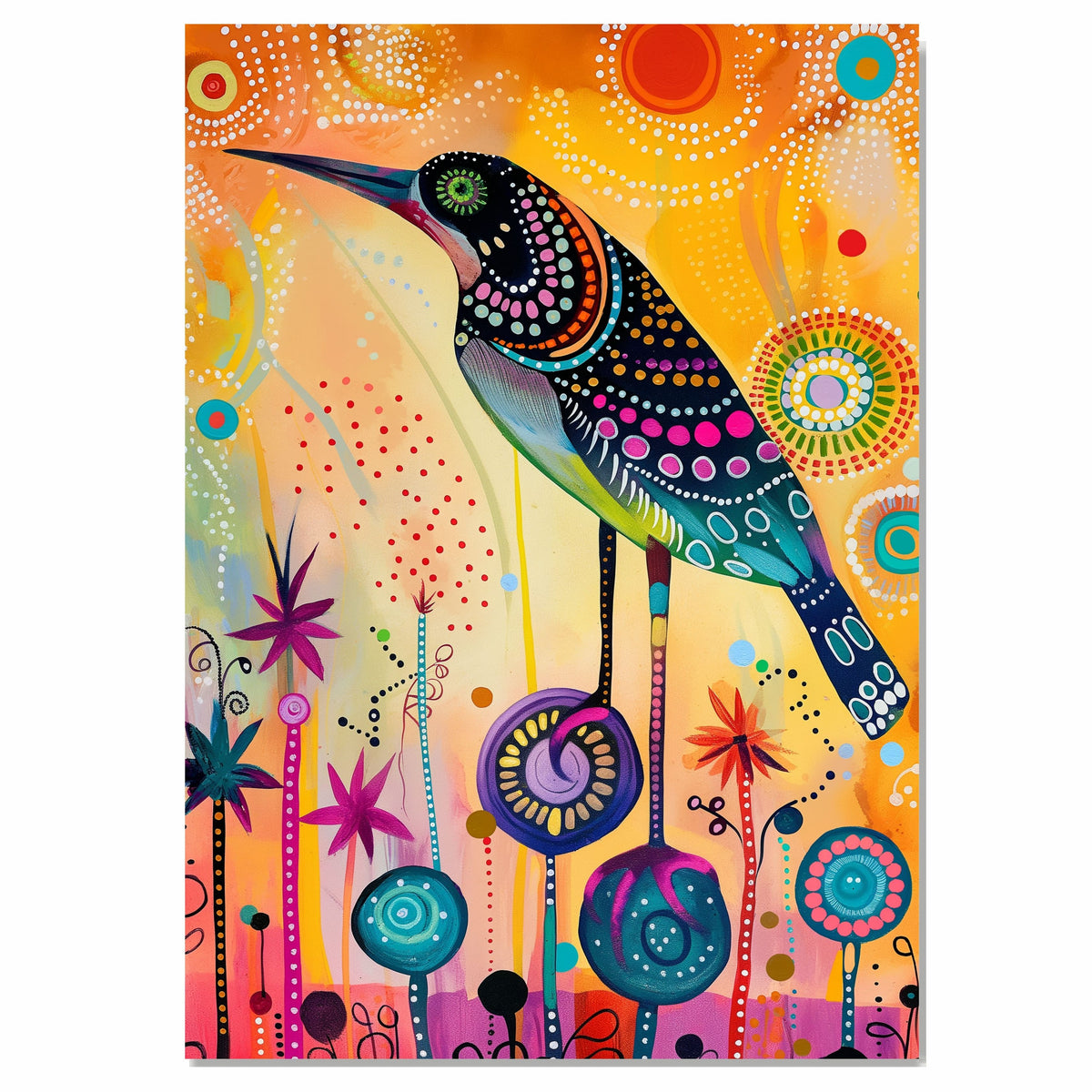 Vibrant Painting of a Whimsical Bird with Colorful Dot Patterns Standing Among Fantasy Flowers on a Bright Abstract Background for Bold Artistic Spaces on Ready to Hang 1.5" Thick Canvas Wrap, Floating Framed Canvas, Flat Rolled Canvas