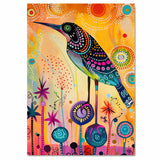Vibrant Painting of a Whimsical Bird with Colorful Dot Patterns Standing Among Fantasy Flowers on a Bright Abstract Background for Bold Artistic Spaces on Ready to Hang 1.5" Thick Canvas Wrap, Floating Framed Canvas, Flat Rolled Canvas