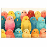 Seamless Pattern Art of Cute Colorful Plump Birds with Bright Feathers in Pastel and Bold Tones — Perfect for Nursery, Kids' Projects, or Animal Lovers on Ready to Hang 1.5" Thick Canvas Wrap, Floating Framed Canvas, Flat Rolled Canvas