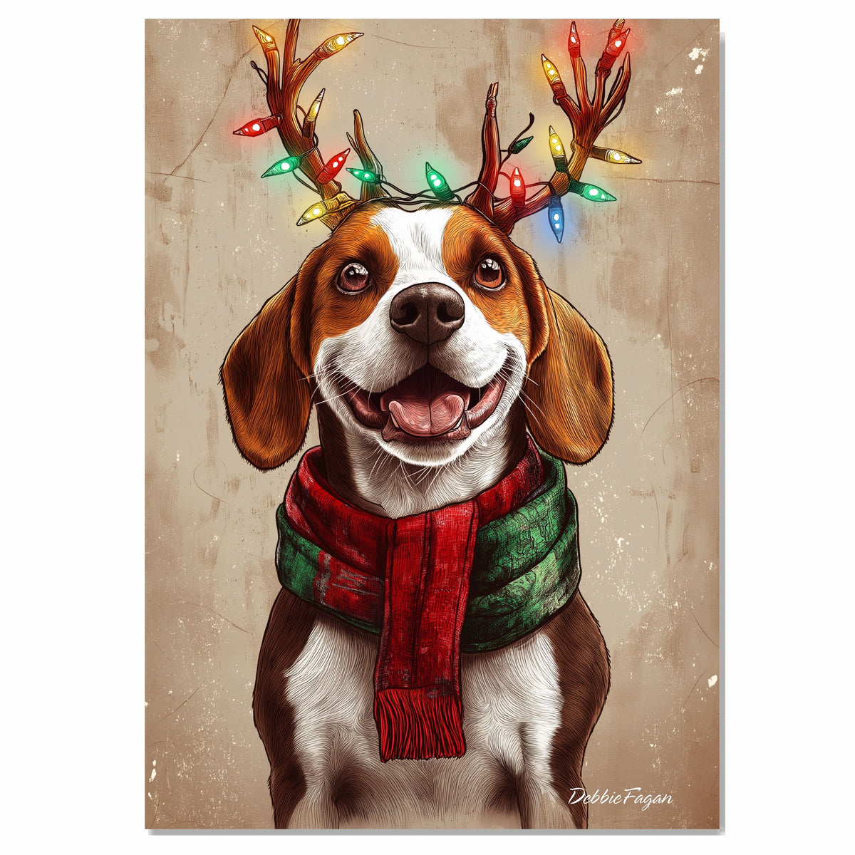 Beagle Holiday Joy - 'Rustic Reindeer' - Beagle Dog with Lighted Antlers & Cozy Scarf on Rustic Background, Ready to Hang 1.5" Thick Canvas Wrap, Floating Framed Canvas, Flat Rolled Canvas