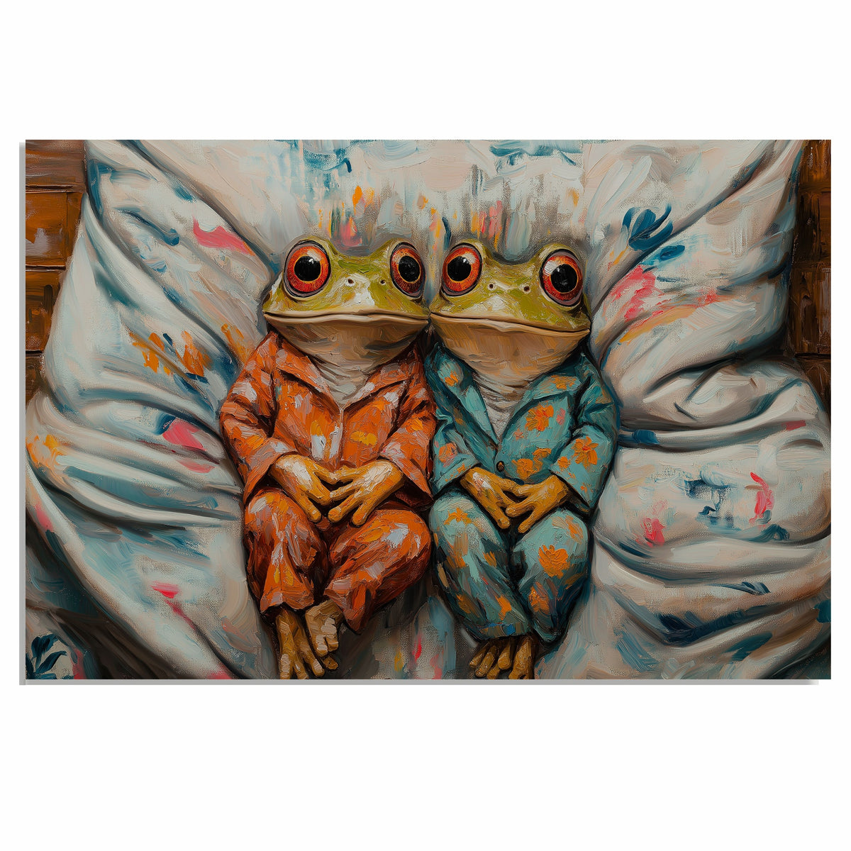 Whimsical Painting of Two Frogs in Colorful Pajamas Relaxing Side by Side on a Cozy Bed with Playful Expressions and a Textured Artistic Background on Ready to Hang 1.5" Thick Canvas Wrap, Floating Framed Canvas, Flat Rolled Canvas
