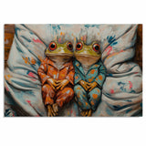 Whimsical Painting of Two Frogs in Colorful Pajamas Relaxing Side by Side on a Cozy Bed with Playful Expressions and a Textured Artistic Background on Ready to Hang 1.5" Thick Canvas Wrap, Floating Framed Canvas, Flat Rolled Canvas