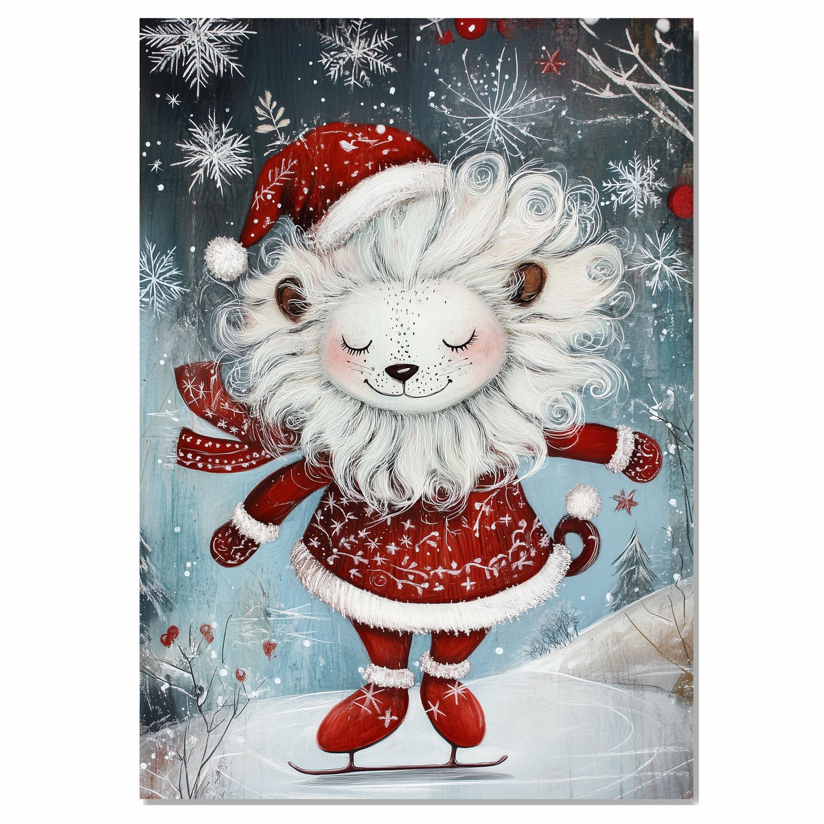 Whimsical Christmas Lion Ice Skating in Red Snowflake Coat and Santa Hat – Adorable Holiday Animal Art for Winter Nursery, Gifts, and Cozy Seasonal Decor on Ready to Hang 1.5" Thick Canvas Wrap, Floating Framed Canvas, Flat Rolled Canvas
