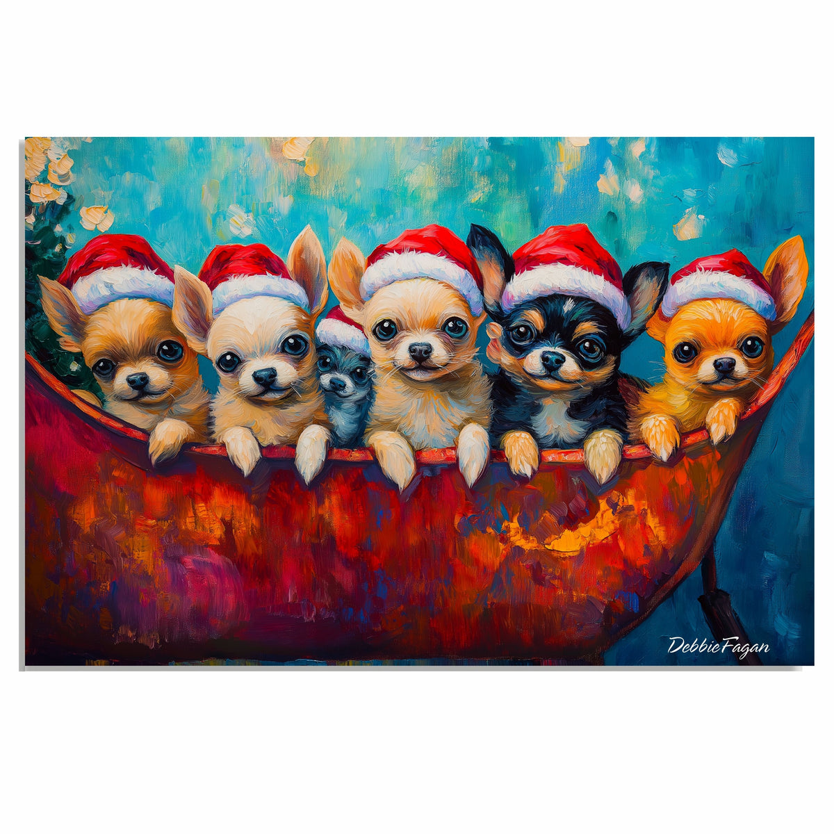 Dog Christmas Canvas  - Chihuahua Cheer - Adorable Puppies in Santa Hats on a Festive Sleigh on Ready to Hang 1.5" Thick Canvas Wrap, Floating Framed Canvas, Flat Rolled Canvas