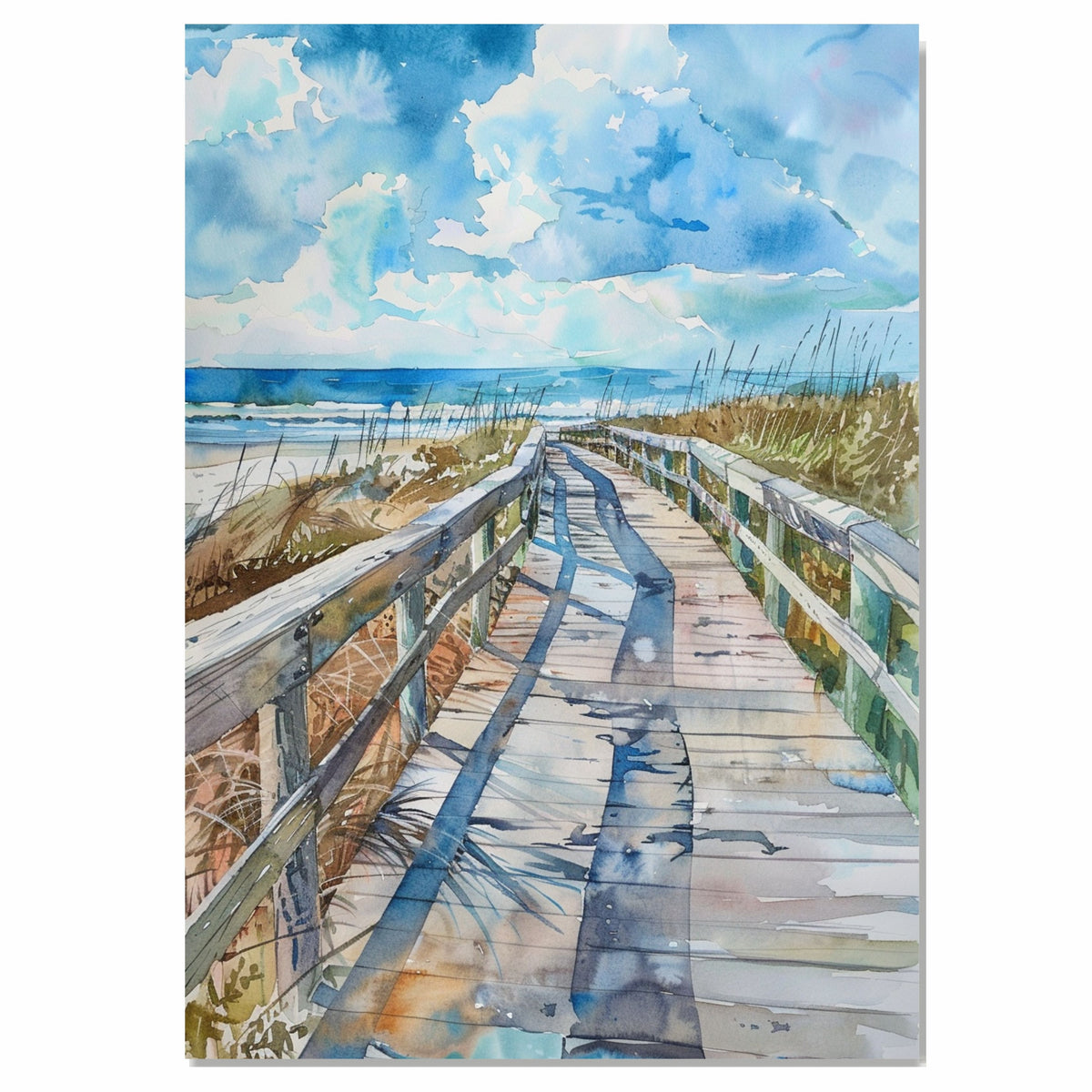 Curved Coastal Boardwalk Watercolor Painting – Beach Pathway with Ocean View and Sky on Ready to Hang 1.5" Thick Canvas Wrap, Floating Framed Canvas, Flat Rolled Canvas