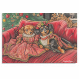 Christmas Canvas - "Stylish Doxies in Victorian Elegance" - Charming Dachshunds Dressed in Vintage Attire on Couch on Ready to Hang 1.5" Thick Canvas Wrap, Floating Framed Canvas, Flat Rolled Canvas