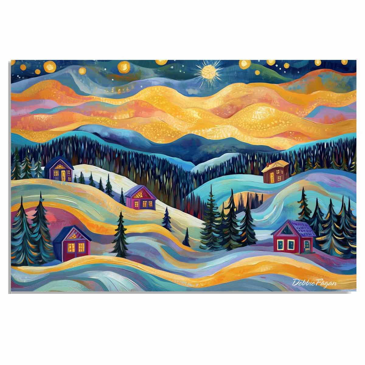Colorful Christmas Folk Art Landscape with Rolling Snowy Hills, Cozy Cabins, Pine Trees, and a Glowing Sunset Sky on Ready to Hang 1.5" Thick Canvas Wrap, Floating Framed Canvas, Flat Rolled Canvas