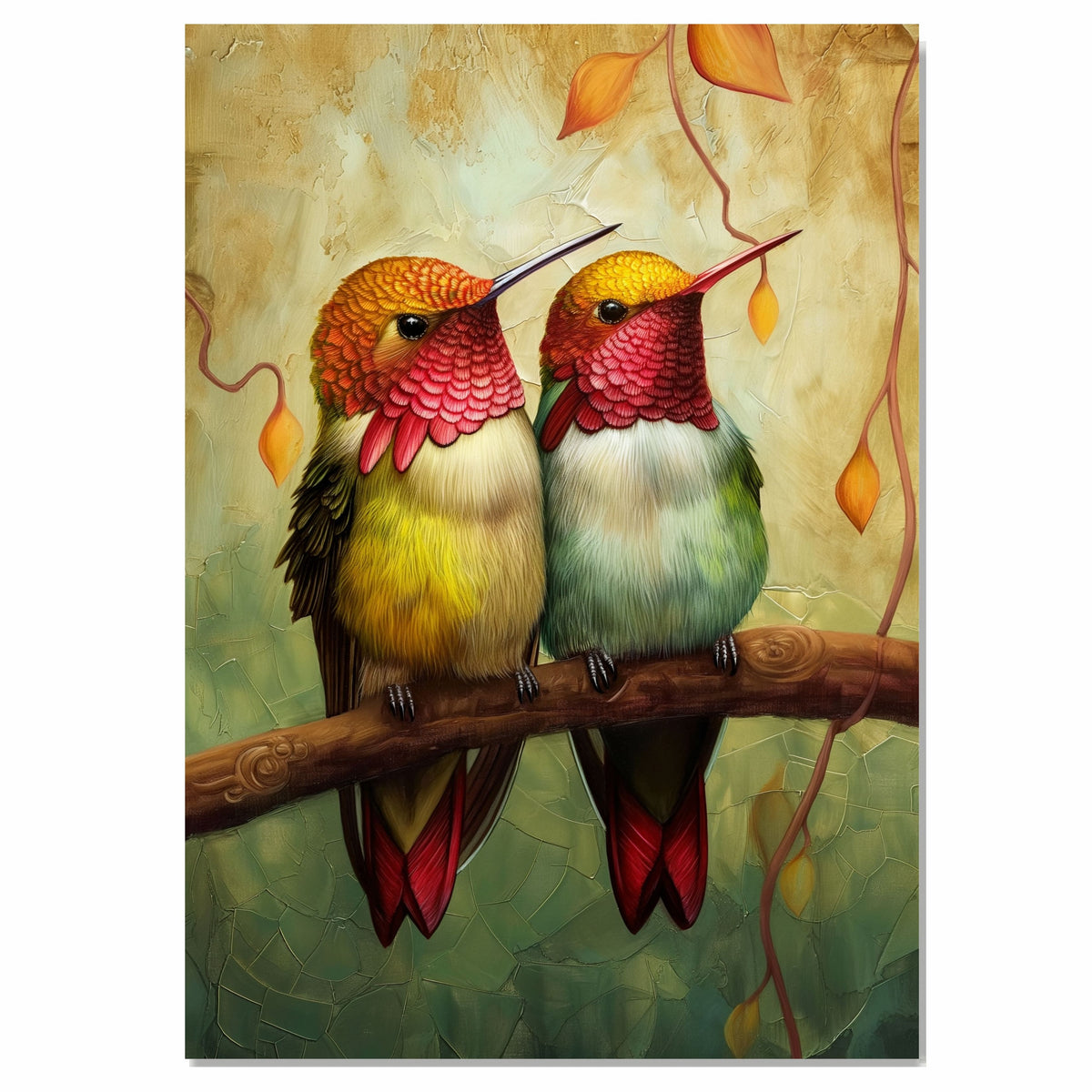 Whimsical Hummingbird Pair Artwork Featuring Red and Green Plumage Perched on a Branch with Textured Earth-Toned Background and Delicate Autumn Leaves on Ready to Hang 1.5" Thick Canvas Wrap, Floating Framed Canvas, Flat Rolled Canvas