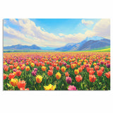 Painting of a Colorful Tulip Field in Full Bloom with Vibrant Red Yellow and Pink Flowers Under a Bright Blue Sky and Majestic Mountain Landscape in the Distance on Ready to Hang 1.5" Thick Canvas Wrap, Floating Framed Canvas, Flat Rolled Canvas