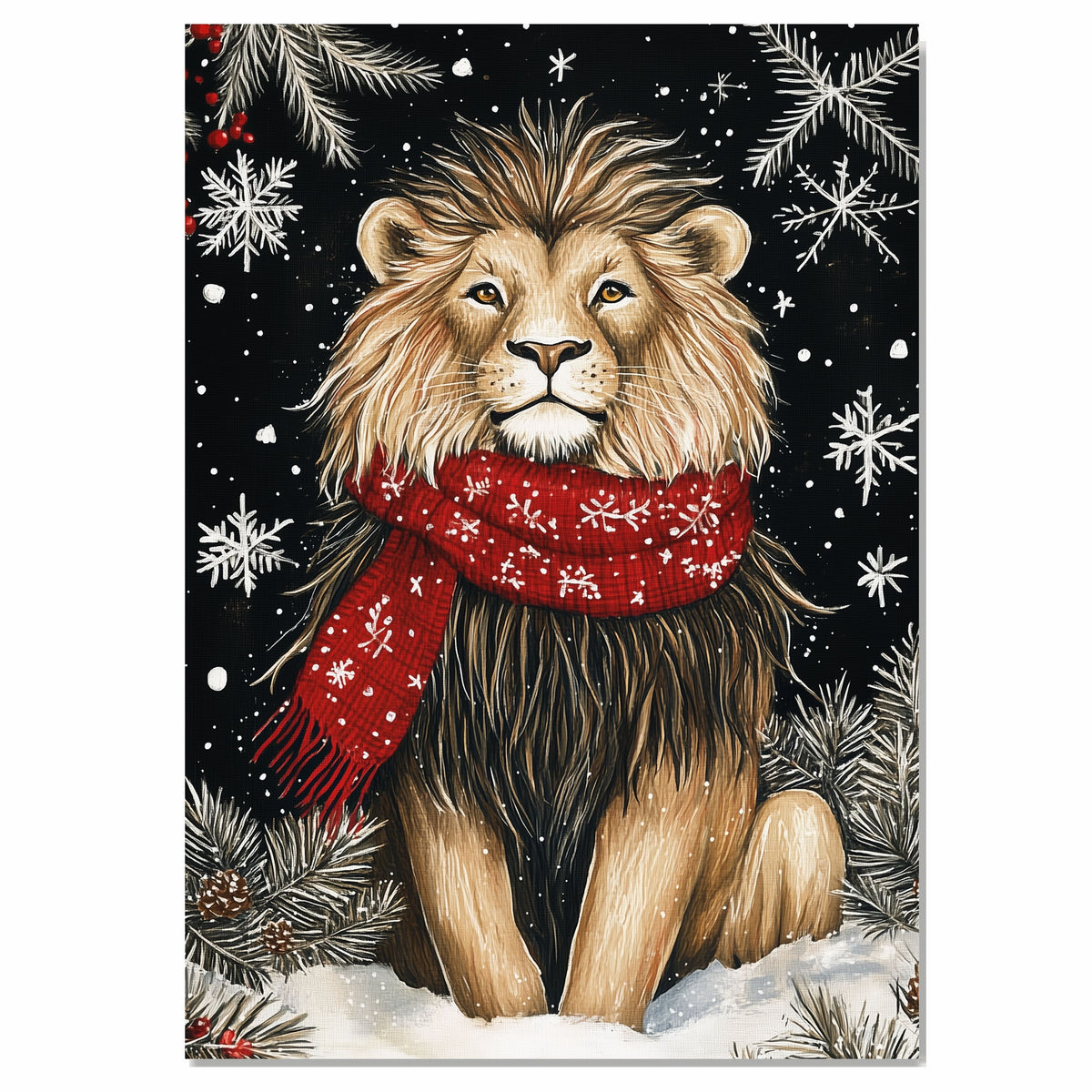 "Majestic Winter Lion" - Lion in Red Scarf Roaming the Snow on Ready to Hang 1.5" Thick Canvas Wrap, Floating Framed Canvas, Flat Rolled Canvas