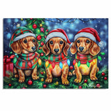 Doxie Christmas Canvas - "Wiener Wonder" - Festive Pups in Cozy Winter Wear Dressed with Twinkling Christmas Lights on Ready to Hang 1.5" Thick Canvas Wrap, Floating Framed Canvas, Flat Rolled Canvas