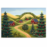 Festive Folk Art Christmas Scene with Red Houses, Rolling Hills, and Decorated Trees Under a Peaceful Winter Sky on Ready to Hang 1.5" Thick Canvas Wrap, Floating Framed Canvas, Flat Rolled Canvas