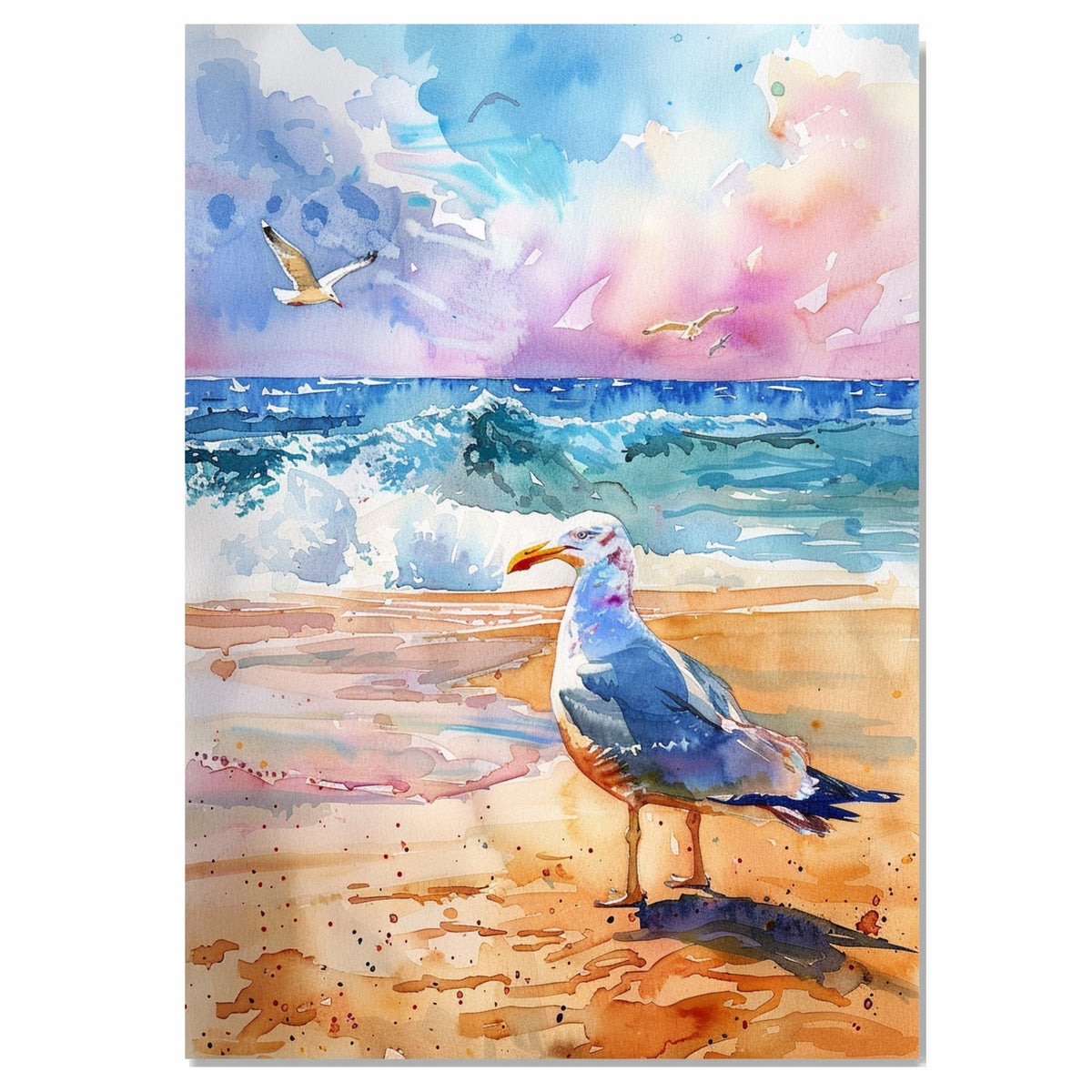 Watercolor Painting of a Seagull on the Beach with Rolling Ocean Waves and Colorful Sky at Sunset in a Coastal Scene on Ready to Hang 1.5" Thick Canvas Wrap, Floating Framed Canvas, Flat Rolled Canvas