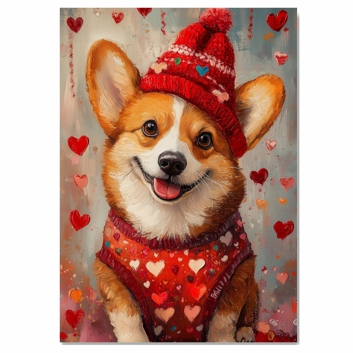 Love and Loyalty: Corgi in a Red Heart-Themed Top and Hat Adorable Romantic Painting on Ready to Hang 1.5" Thick Canvas Wrap, Floating Framed Canvas, Flat Rolled Canvas