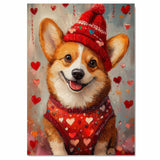 Love and Loyalty: Corgi in a Red Heart-Themed Top and Hat Adorable Romantic Painting on Ready to Hang 1.5" Thick Canvas Wrap, Floating Framed Canvas, Flat Rolled Canvas