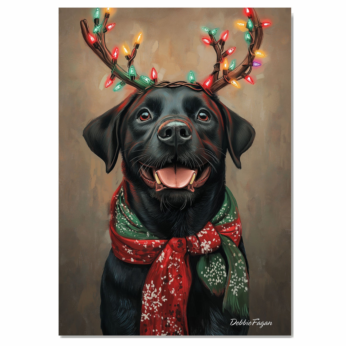 "Rustic Antlers" - Black Labrador Dog with Christmas Lights & Cozy Scarf on Rustic Background, Ready to Hang 1.5" Thick Canvas Wrap, Floating Framed Canvas, Flat Rolled Canvas